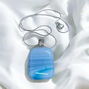Artisan Handcrafted White blue teal and purple fused glass pendant on chain